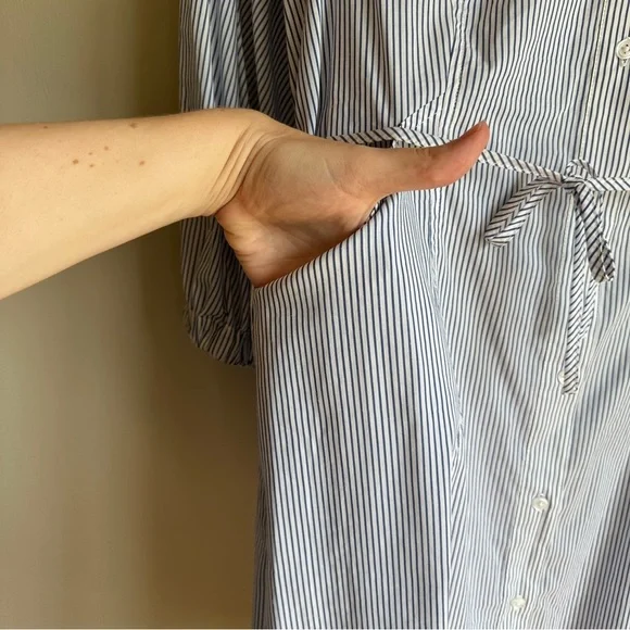 Parker Pinstripe Long Sleeve Button Down Toe Waist Dress Small - Picture 3 of 10